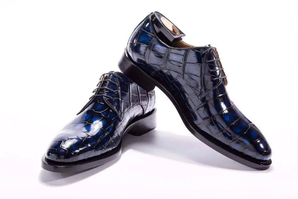 Crocodile Shoes Handmade Men Crocodile Leather Lace-Up Shoes,Mens Dark Blue Crocodile Leather Dress Shoes Rubber Sole