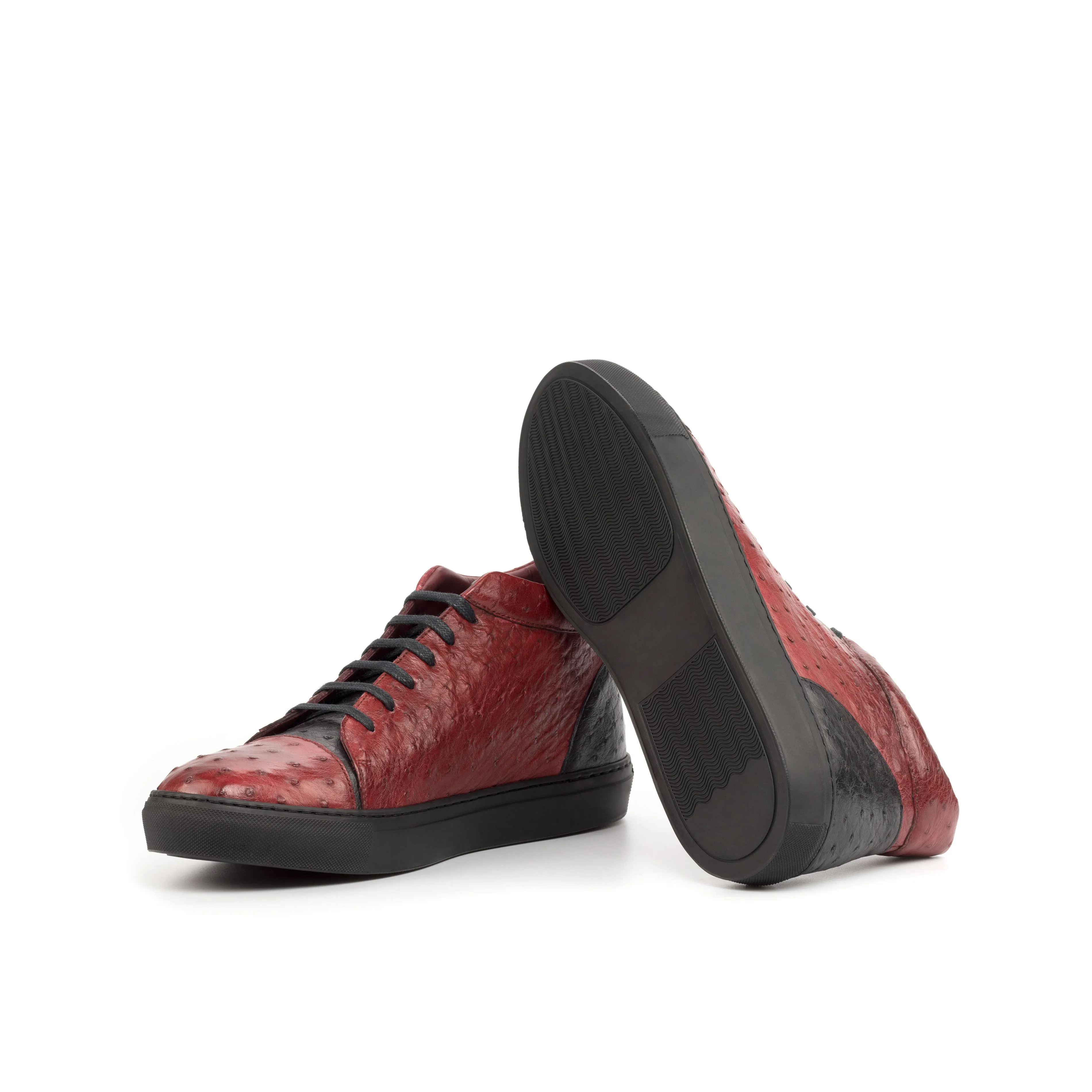Red & Black Ostrich Leather High-Top Sneakers Fashion Week Daily Tasks