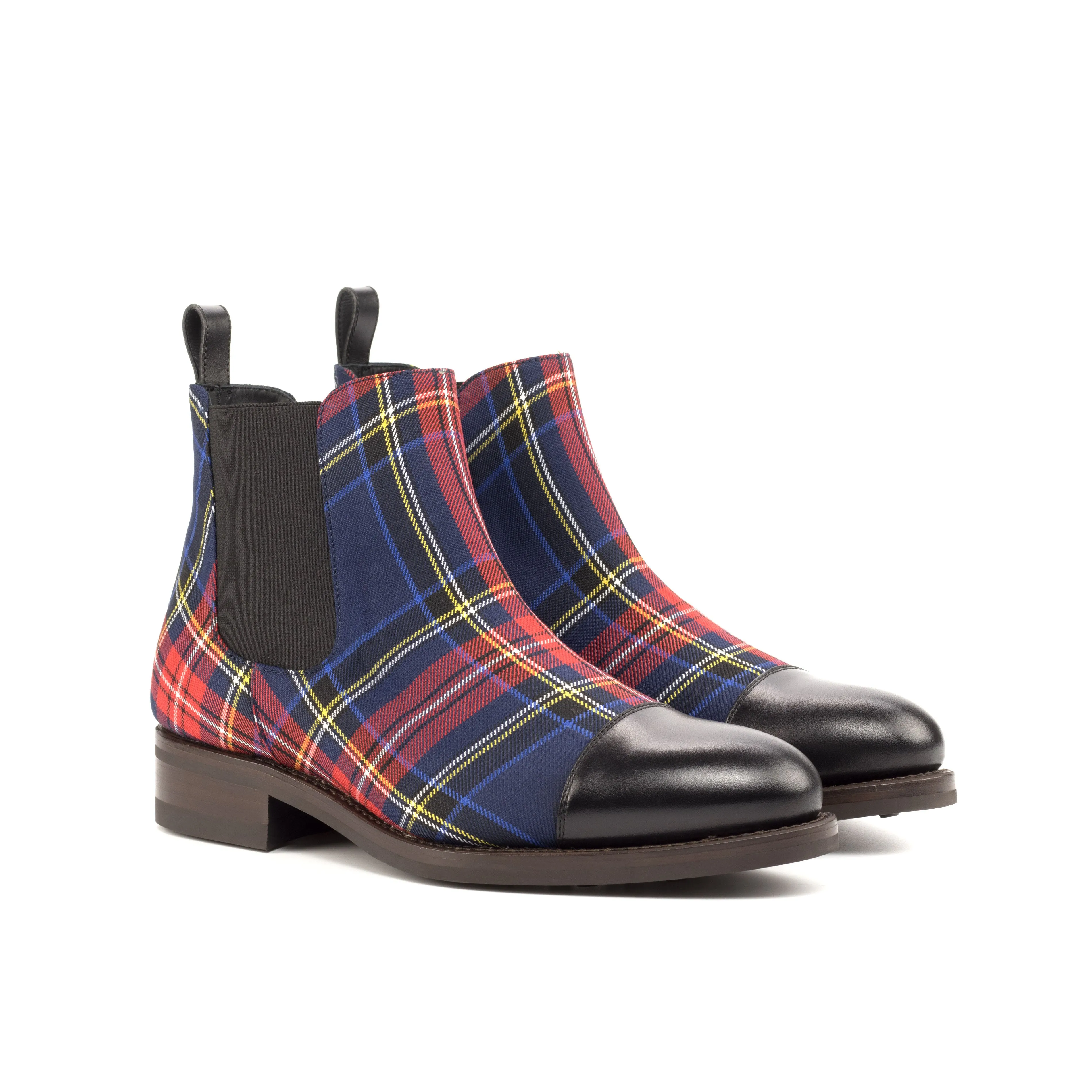 Mid Heel Office Prep Black Calf & Tartan Chelsea Boots