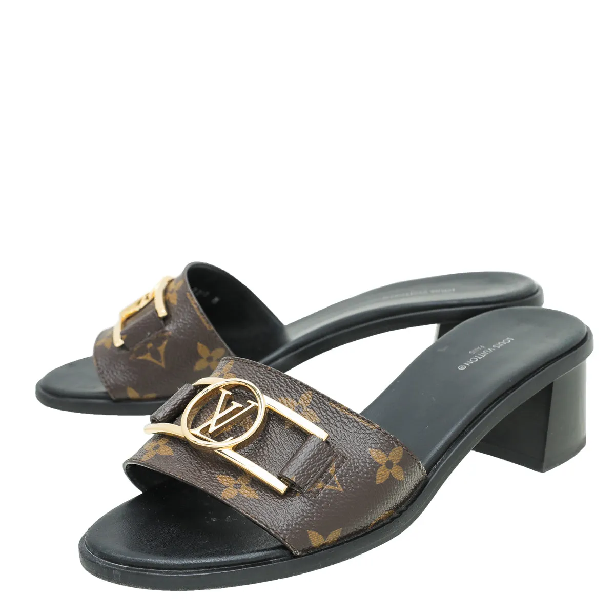 Stable base Mom Safe Louis Vuitton Bicolor Monogram Lock It Block Mules 38.5
