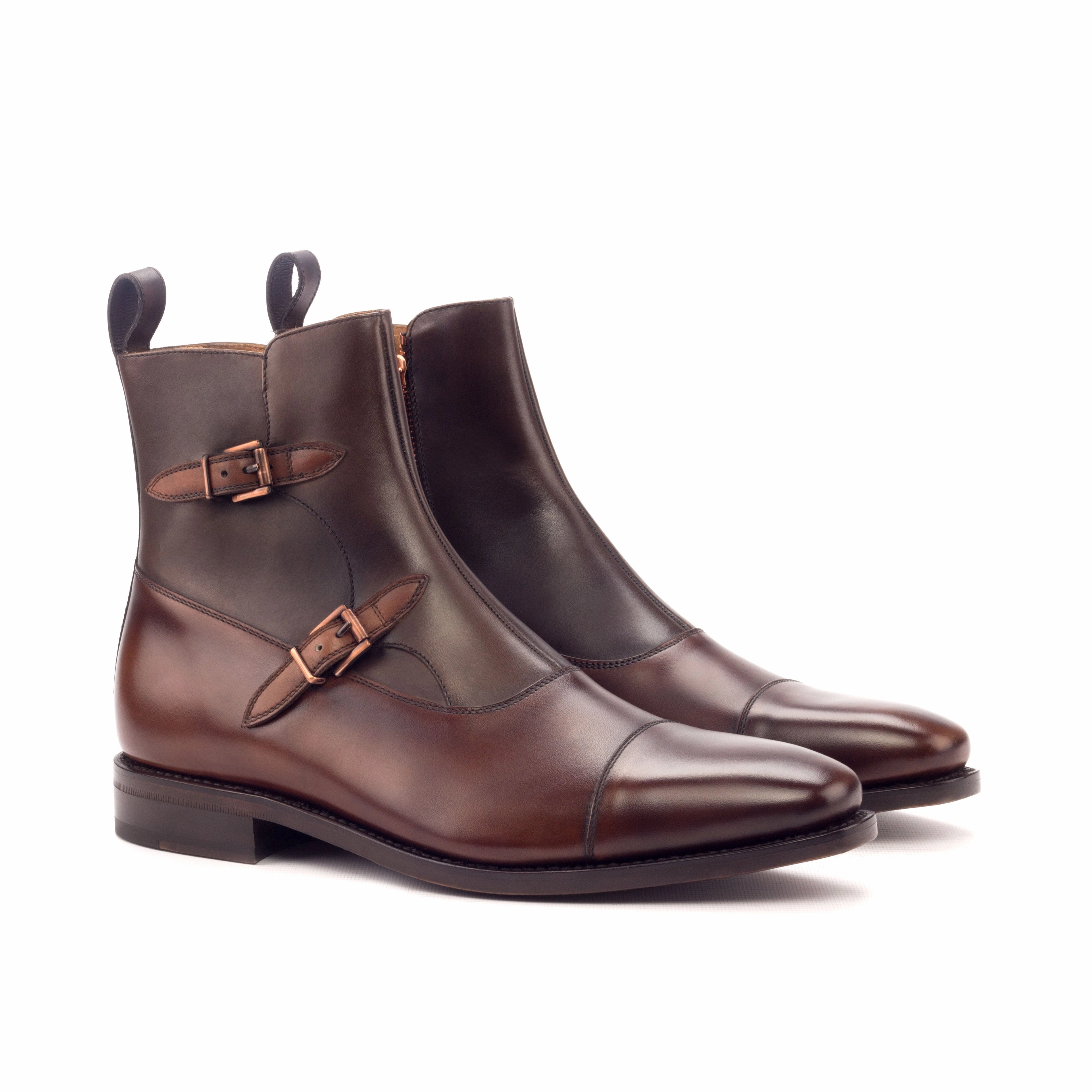 Long Walks Strong Sole Medium & Dark Brown Painted Calf Double-Monk Boots