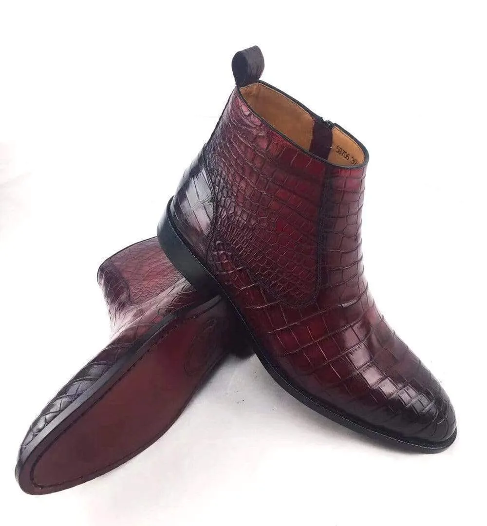Mens Boots ,Crocodile Boots , Mens Vintage Crocodile Leather Side Zip Ankle Boots Rock Walk Camp Walk