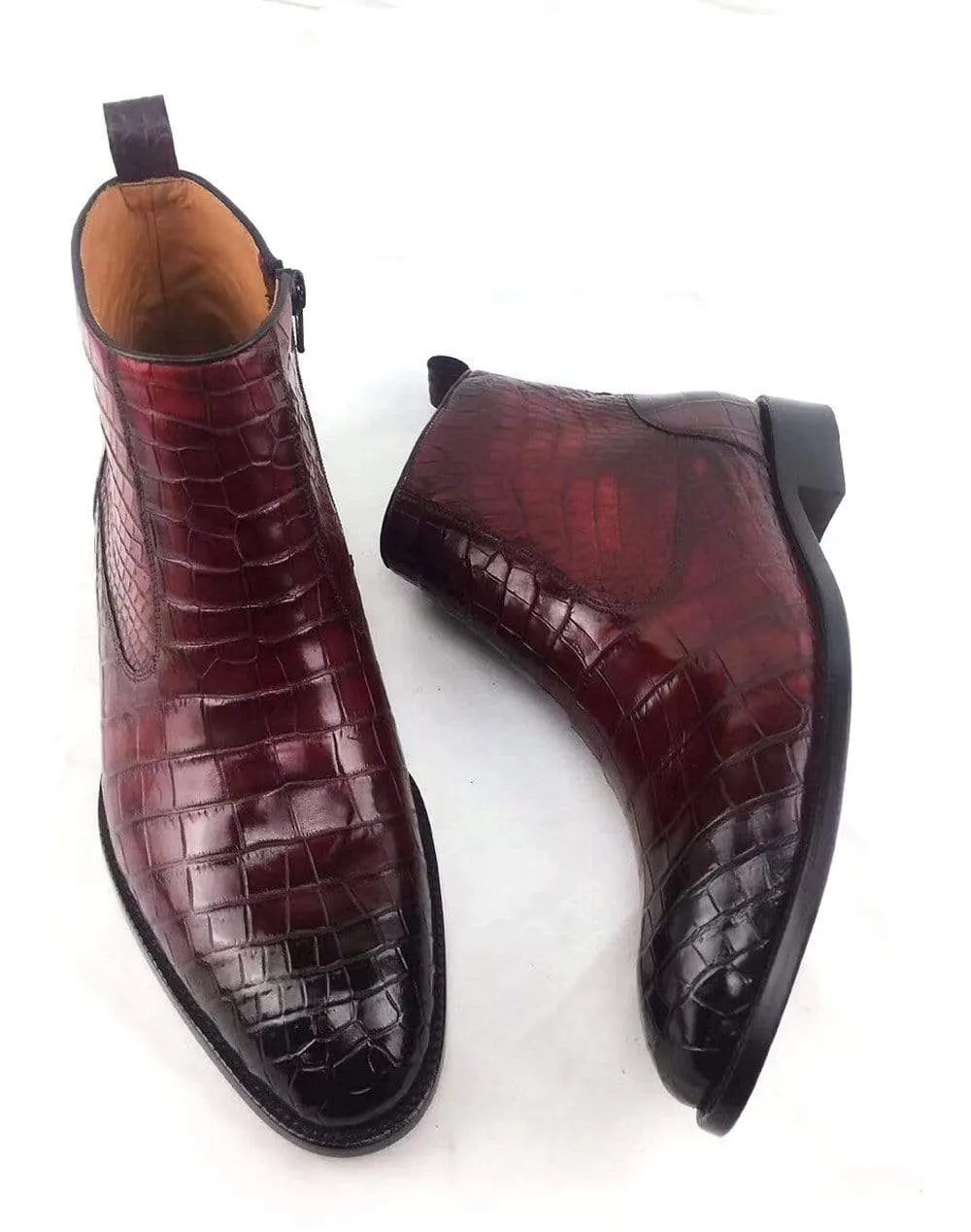 Trendy Slip-ons Meadow Walk Mens Boots ,Crocodile Boots , Mens Vintage Crocodile Leather Side Zip Ankle Boots