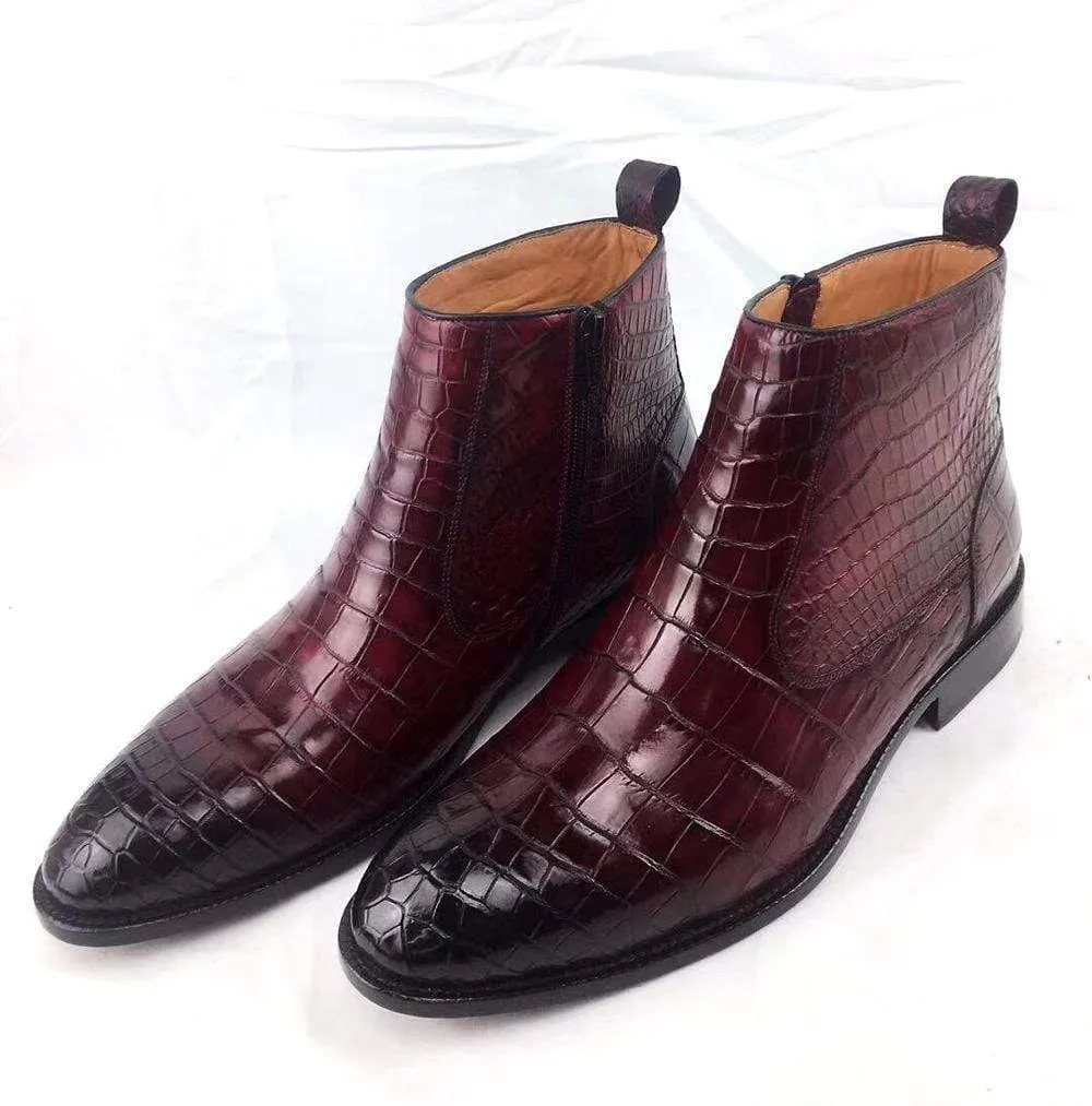 Mens Boots ,Crocodile Boots , Mens Vintage Crocodile Leather Side Zip Ankle Boots color block