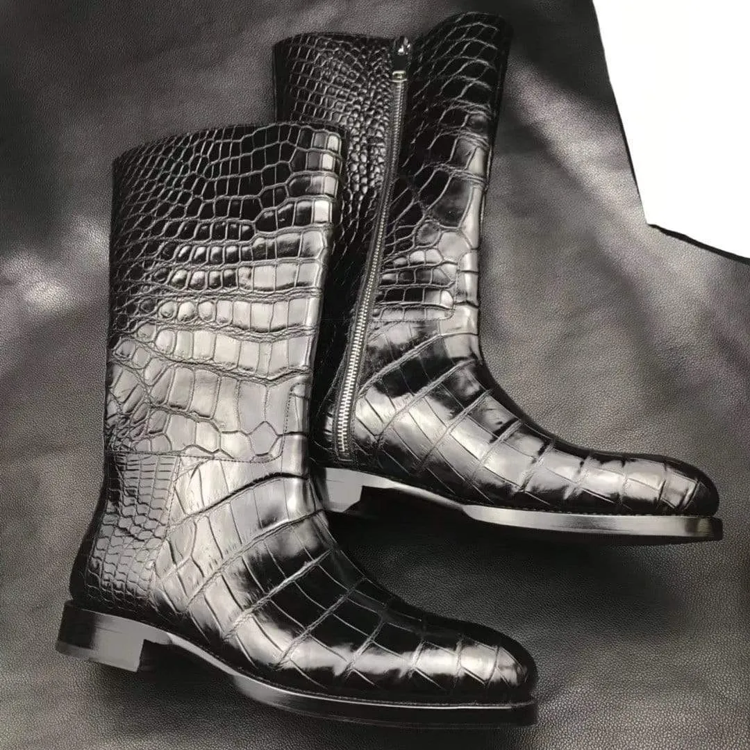 Fashion Staple Shoes Mens Boots,Crocodile Boots,Genuine Crocodile Leather Long Side Zip Boots Black