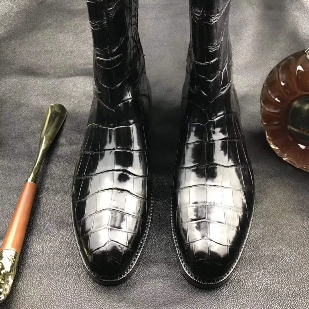 Outdoor Ready Mens Boots,Crocodile Boots,Genuine Crocodile Leather Long Side Zip Boots Black