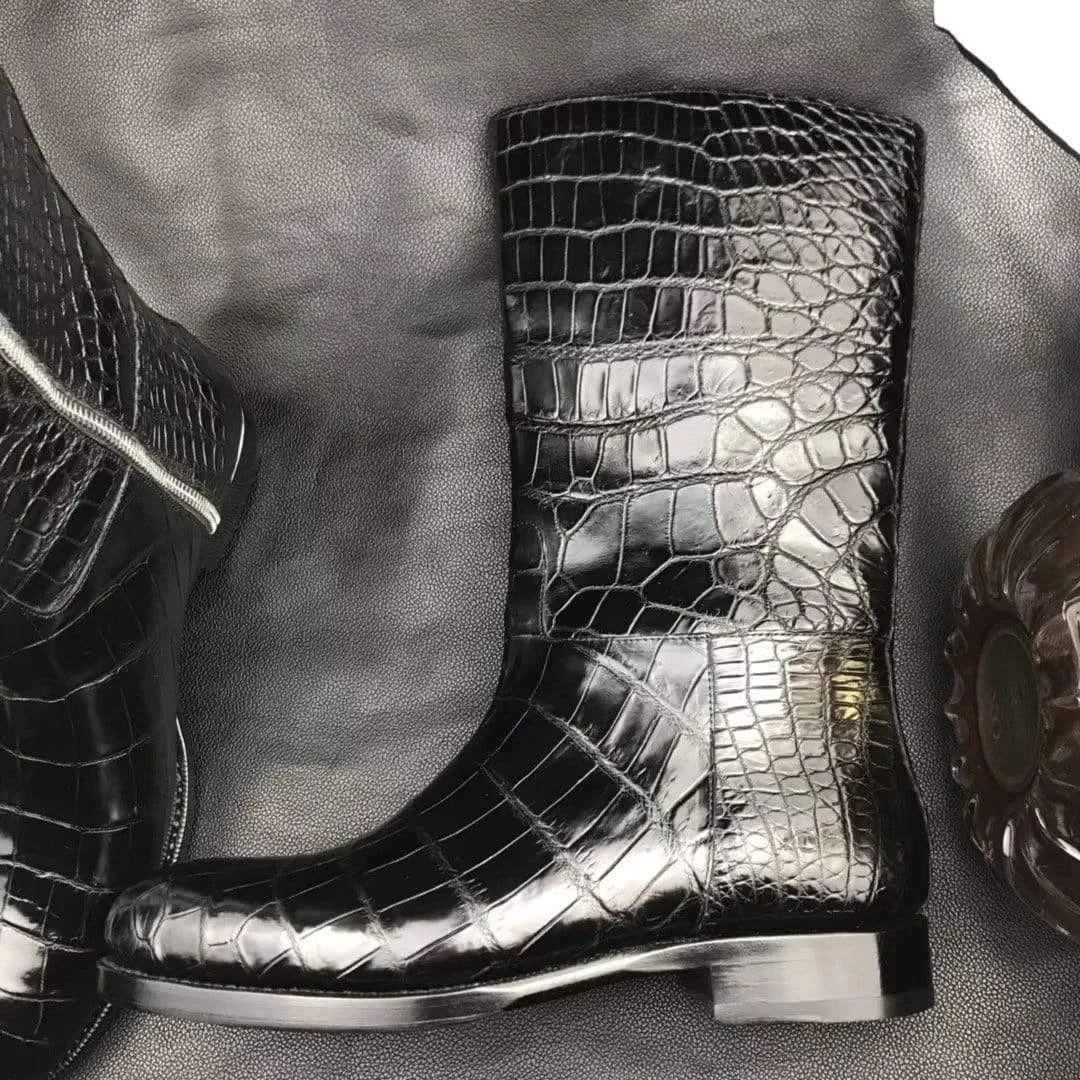Mens Boots,Crocodile Boots,Genuine Crocodile Leather Long Side Zip Boots Black Office Ease Cushioned Walk