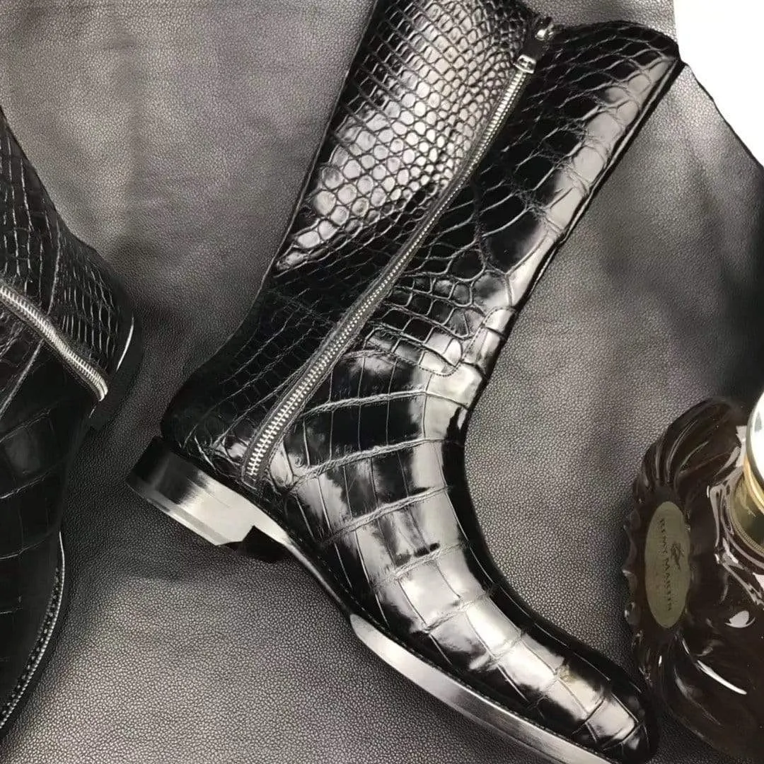 Mens Boots,Crocodile Boots,Genuine Crocodile Leather Long Side Zip Boots Black Adjustable Fit