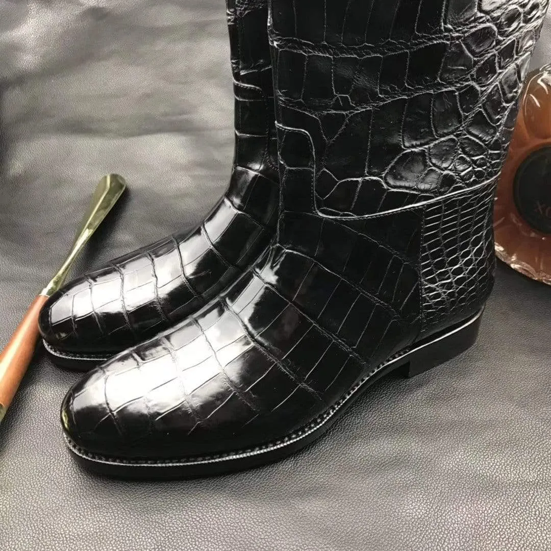 Mens Boots,Crocodile Boots,Genuine Crocodile Leather Long Side Zip Boots Black Show Glow Space Save