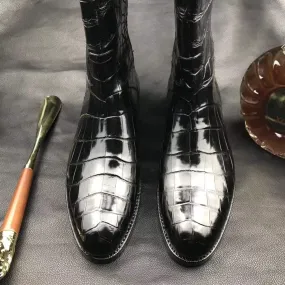 Outdoor Ready Mens Boots,Crocodile Boots,Genuine Crocodile Leather Long Side Zip Boots Black