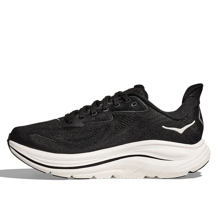 Mens Hoka Clifton 10 Wide in Black/White Tear Resistant Stitching