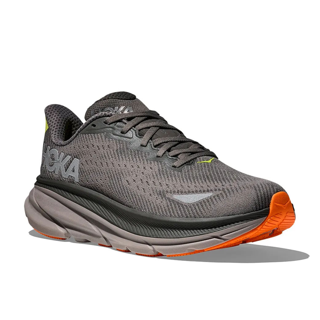 Mens Hoka Clifton 9 GTX in Asphalt Grey/ Gravel Friction Free Laces City Style