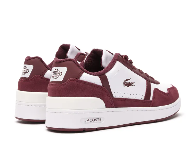 Men's Lacoste T-Clip 223 3 (White/Burgundy) running in a nature reserve shoes