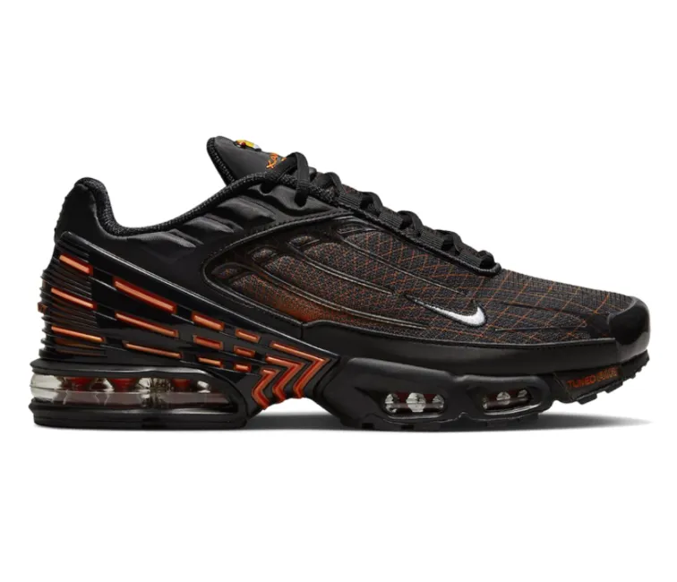running in a desert oasis area shoes Men's Nike Air Max Plus TN 3 (Black/Safety Orange)