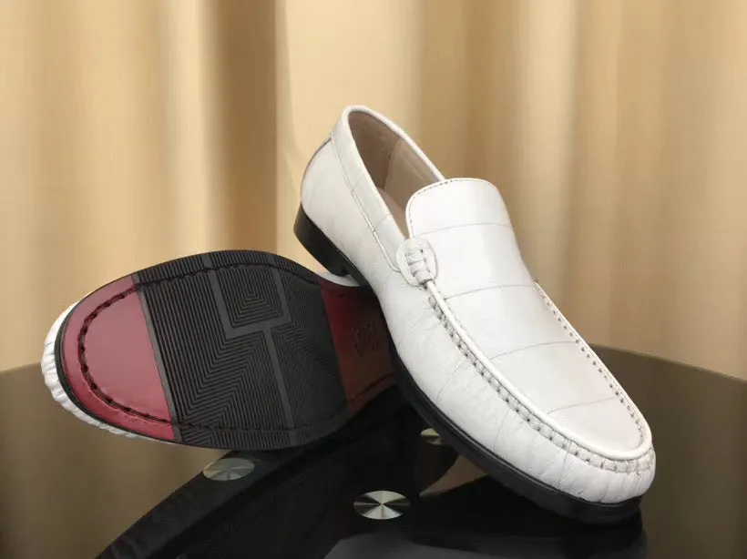 Men's Shoes , Soft Eel Skin Leather Loafers White Getaway Step