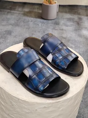 Relaxing Step Comfort Insole Men's Slipper , Vintage Blue Crocodile Skin Leather Slipper Vintage Blue
