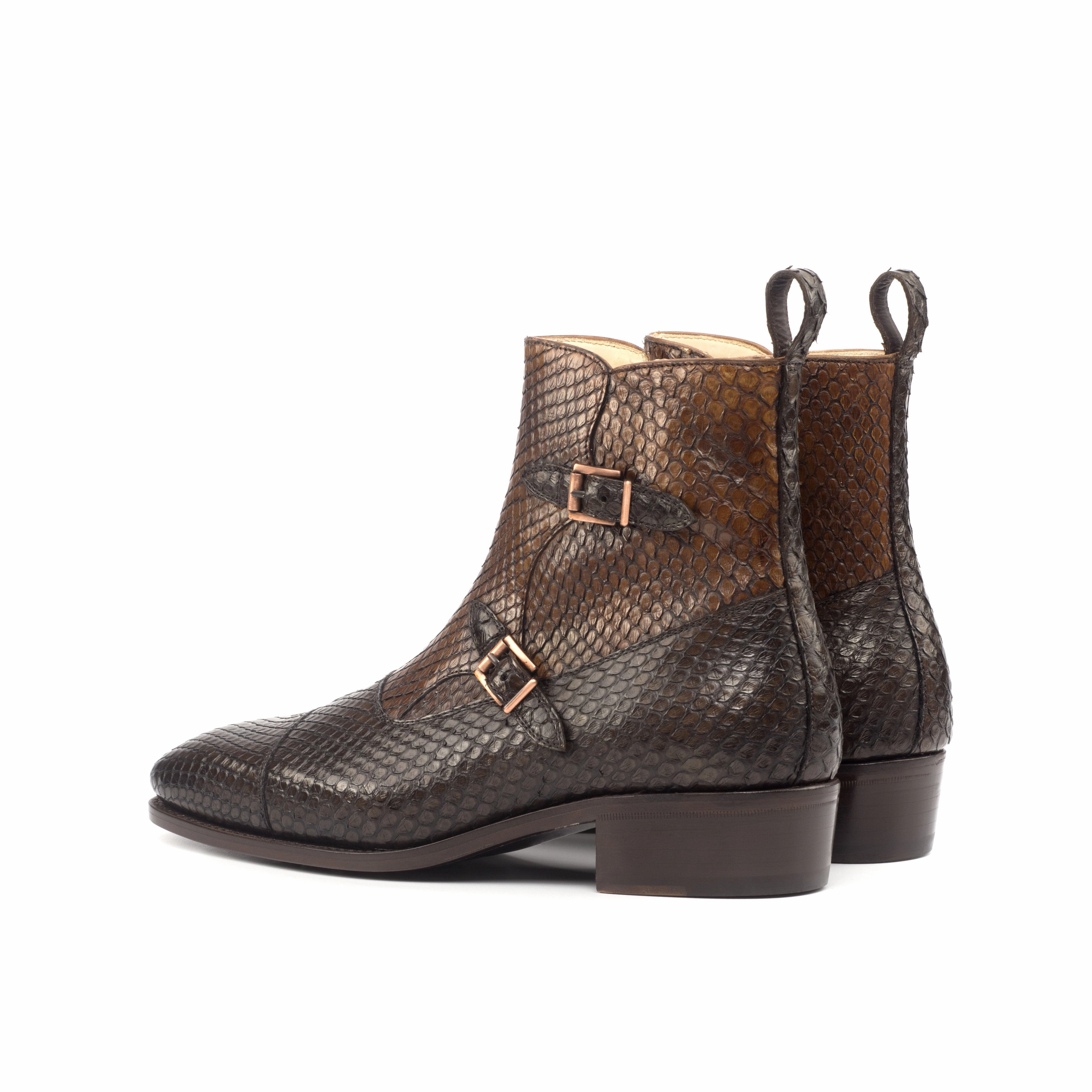 Dark & Medium Brown Python Double-Monk Boots Block Heel