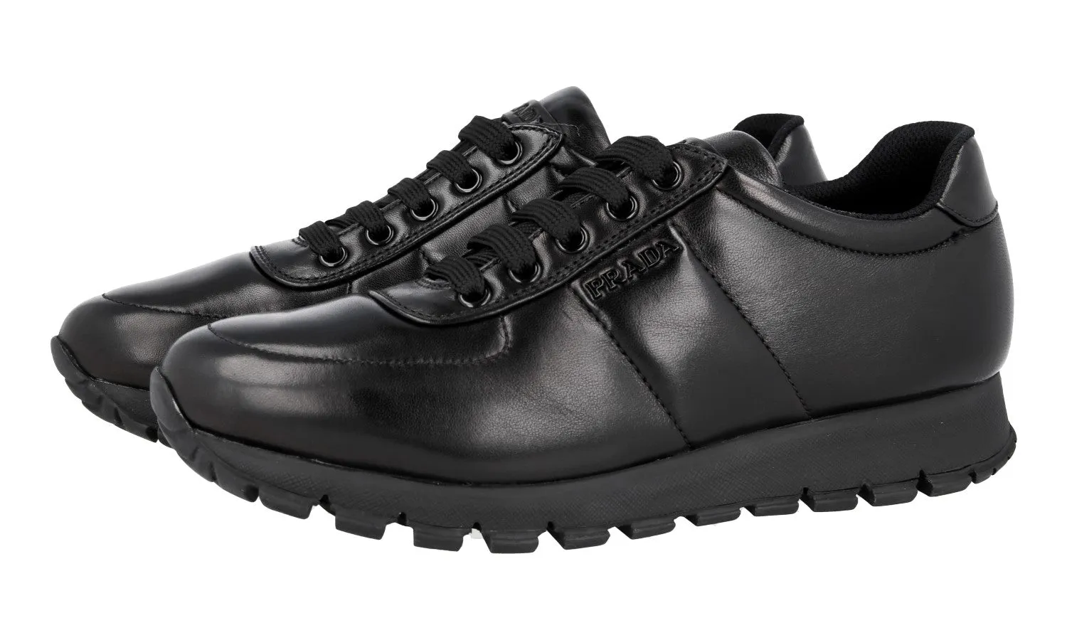 Precision Fit Engineering Layered cushioning Prada Women's Black Leather Matchrace Sneaker 3E6386
