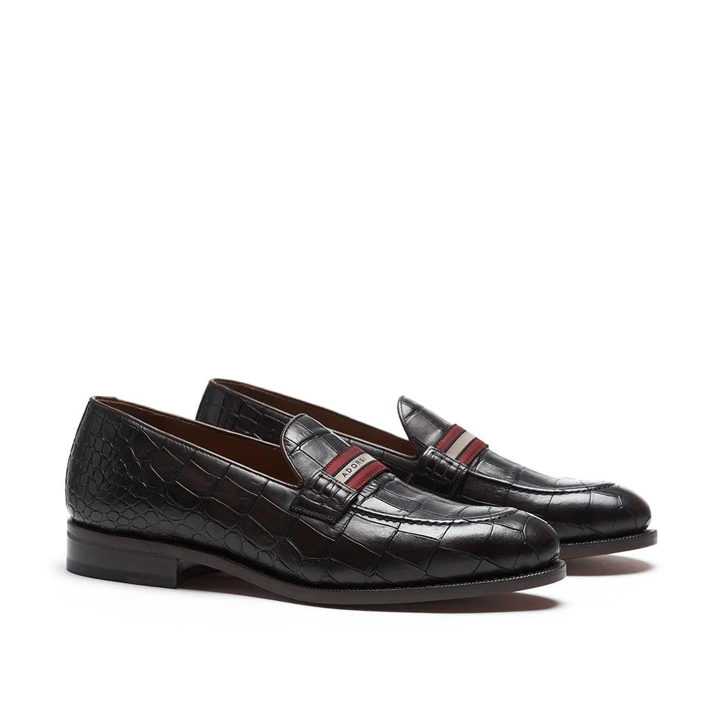 Fair Lane elegant design Dark Brown Croco Web Stripe Loafer