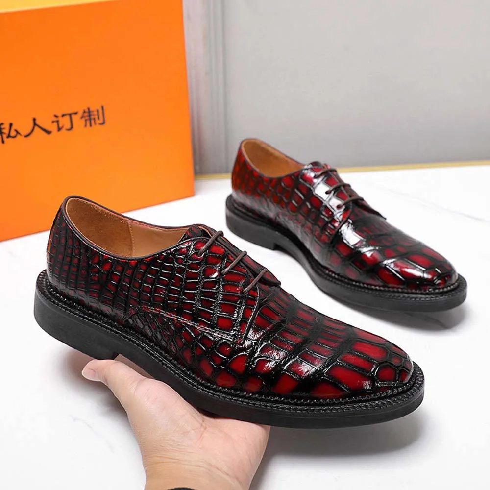 High Step Cozy Comfort Crocodile Shoes Men's Crocodile Leather Shoes Lace Up Shoes Vintage Red