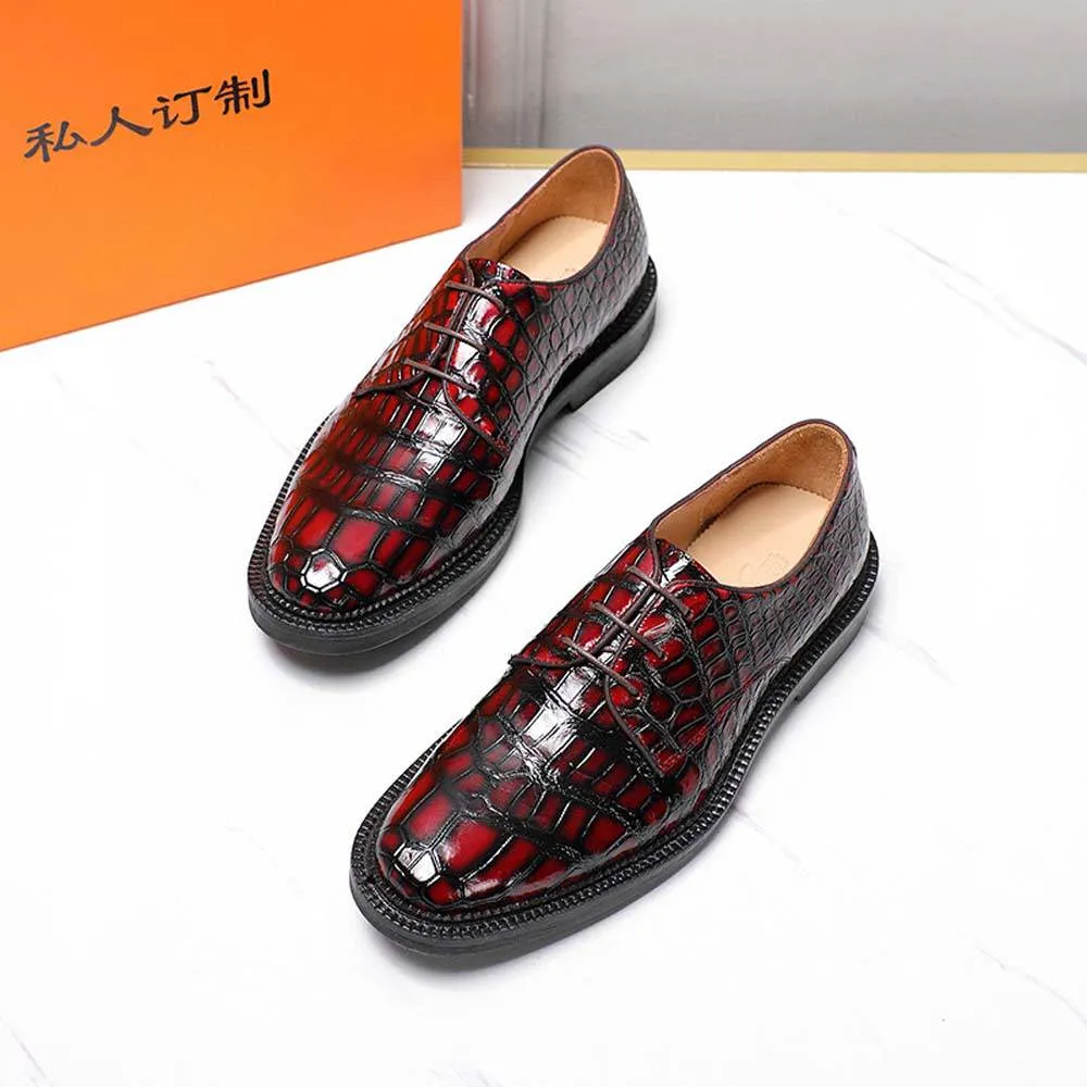 Stylish Sole Crocodile Shoes Men's Crocodile Leather Shoes Lace Up Shoes Vintage Red
