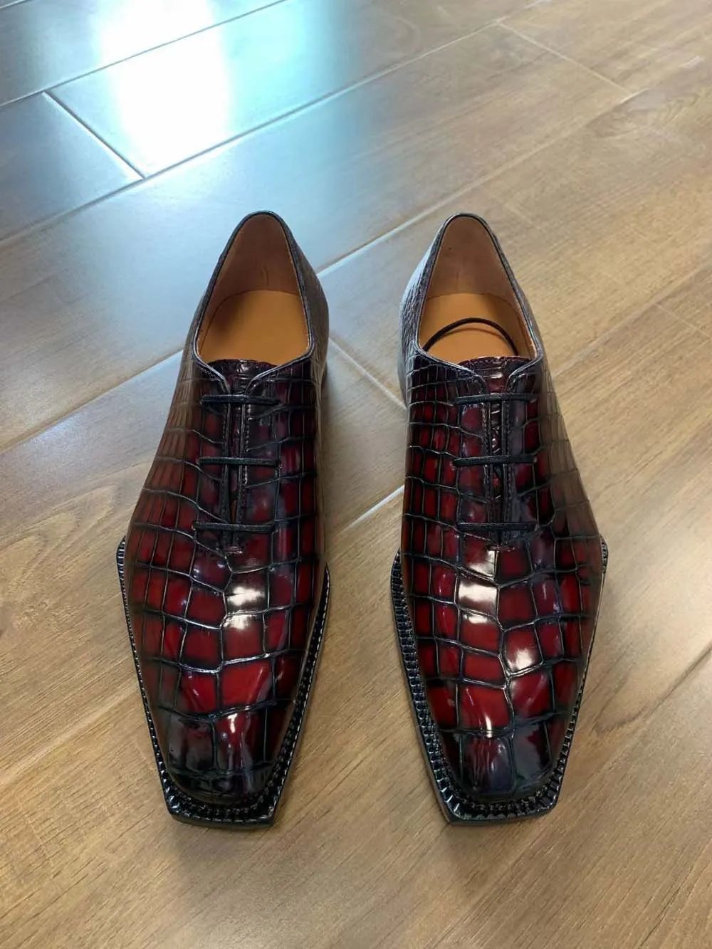 Wild Walk Crocodile Shoes Men's Crocodile Leather Brushed Wine Red Business Dress  Lace Up Shoes