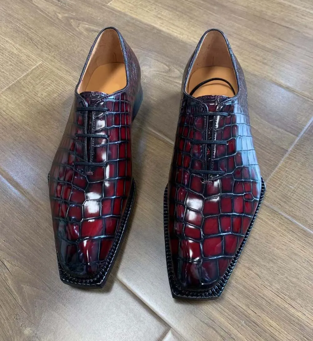 Crocodile Shoes Men's Crocodile Leather Brushed Wine Red Business Dress  Lace Up Shoes Functional Design Marina Step