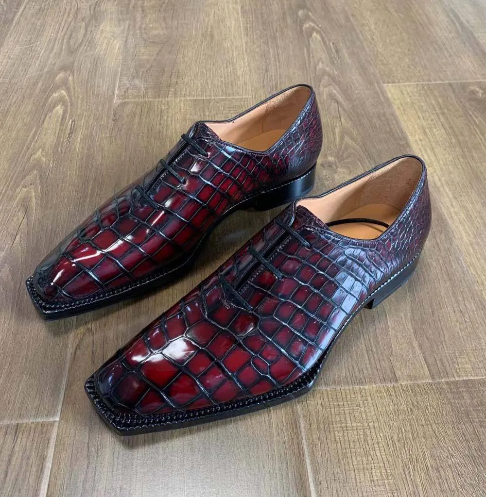 Flexible Walk Crocodile Shoes Men's Crocodile Leather Brushed Wine Red Business Dress  Lace Up Shoes