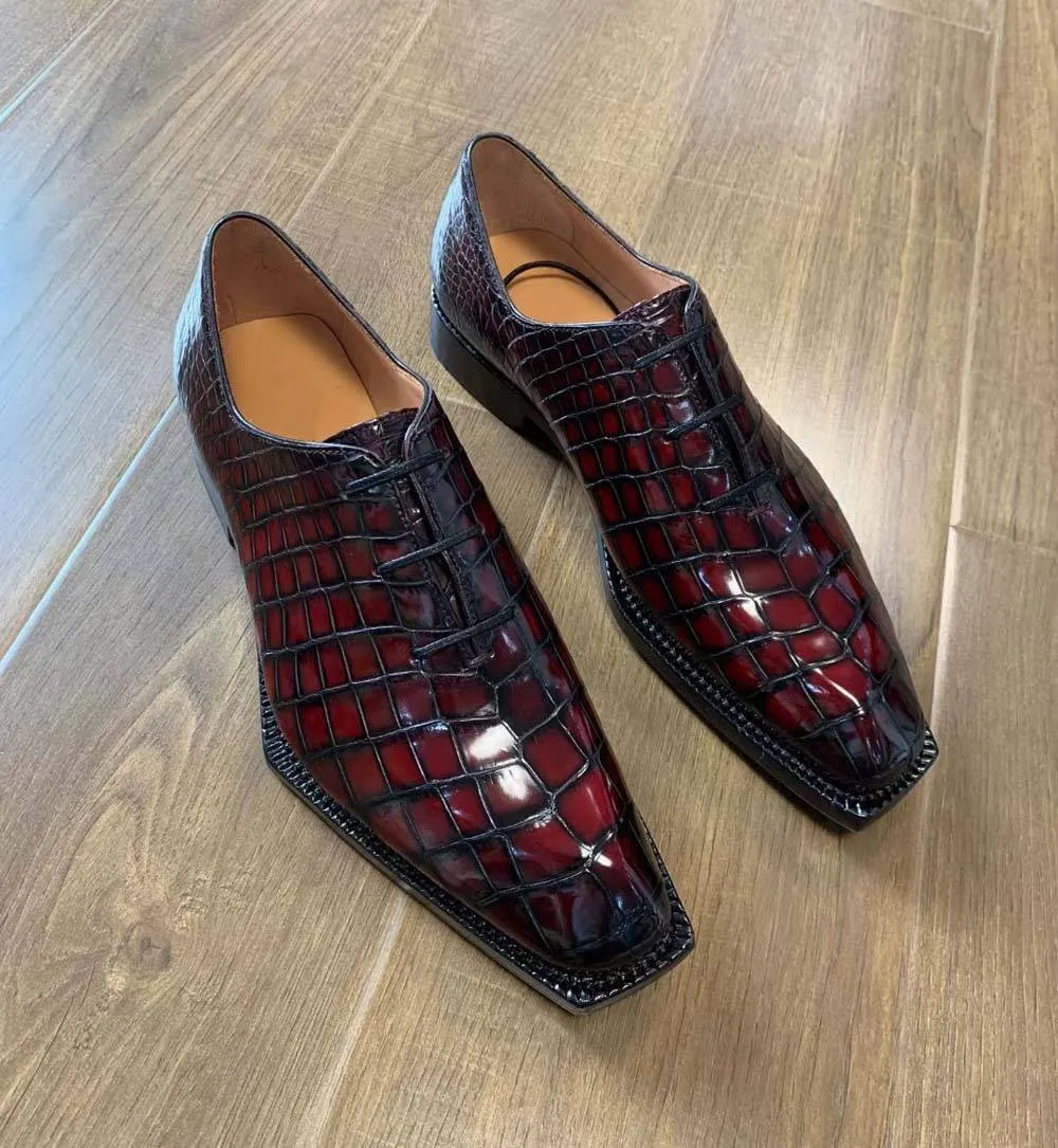 Look View Crocodile Shoes Men's Crocodile Leather Brushed Wine Red Business Dress  Lace Up Shoes