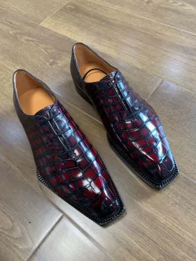 art show Roomy Toe Box Design Crocodile Shoes Men's Crocodile Leather Brushed Wine Red Business Dress  Lace Up Shoes