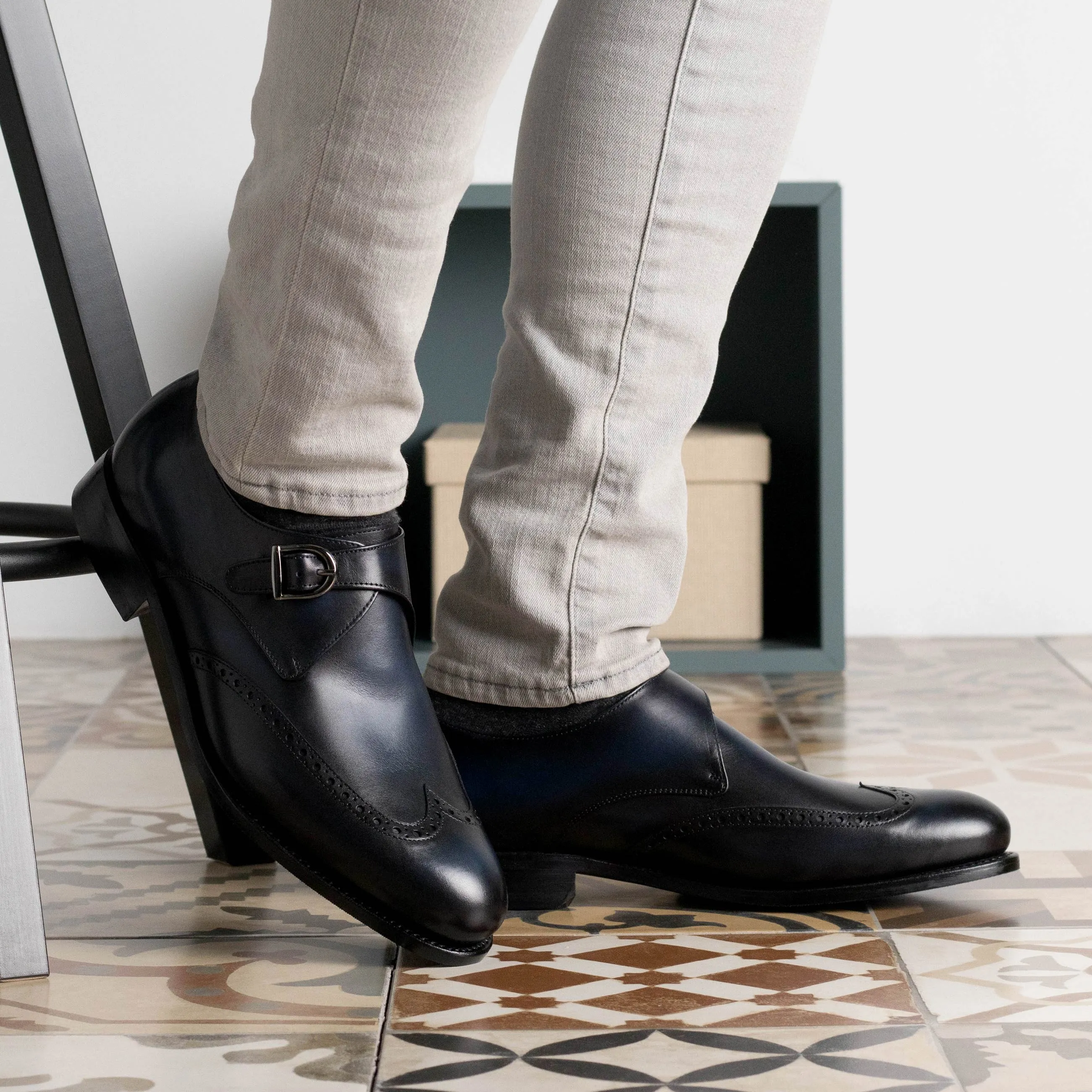 Navy Single Monk Strap Shoes Date night Paced Movement