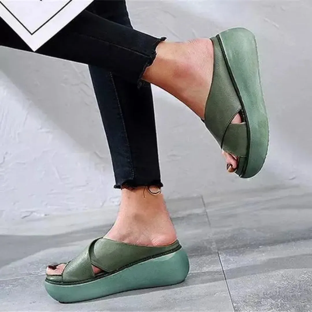 Simple Footwear Mona X-Strap Leather Platform Slides