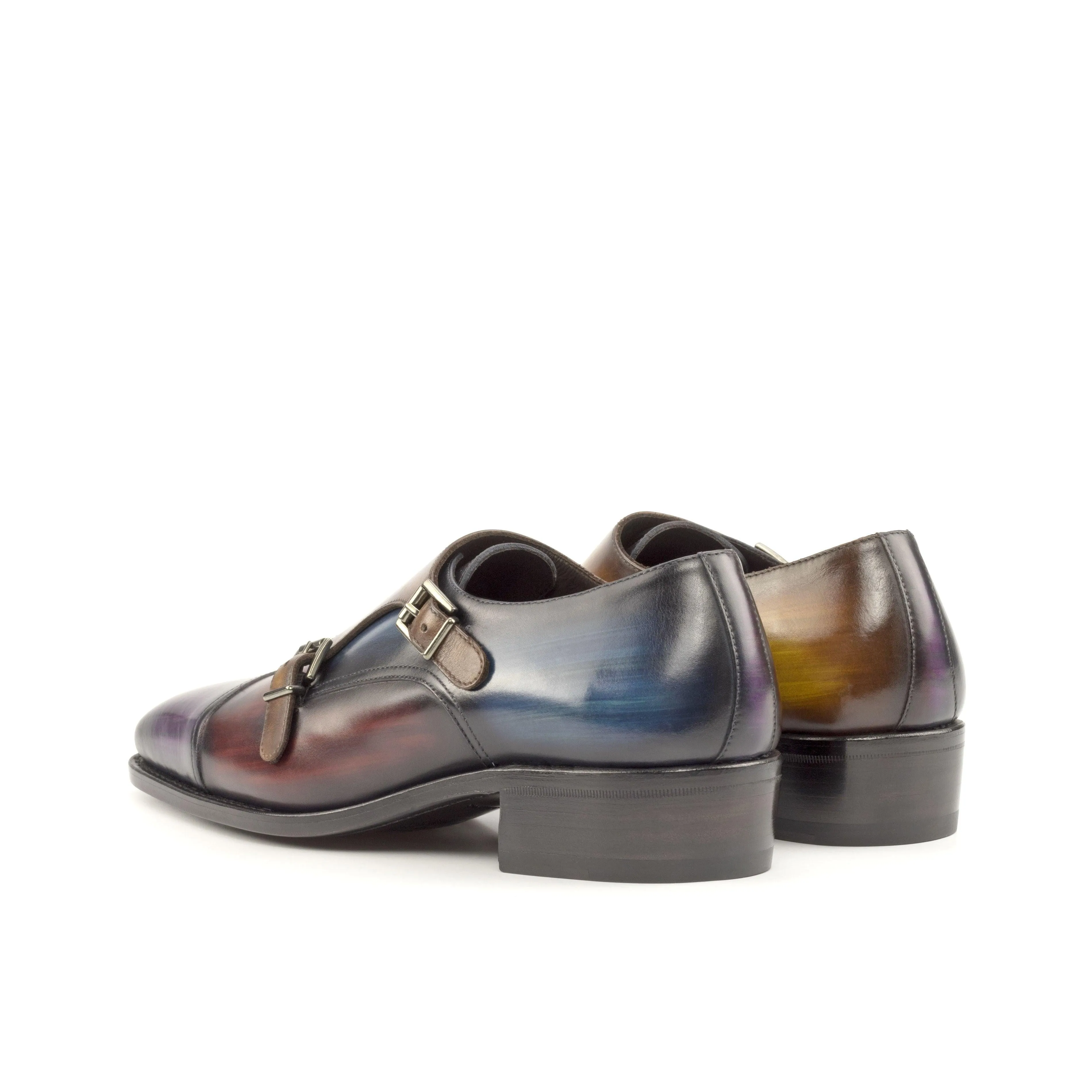 Sleek Profile Multi-Colored Patina Leather Double-Monk Shoes