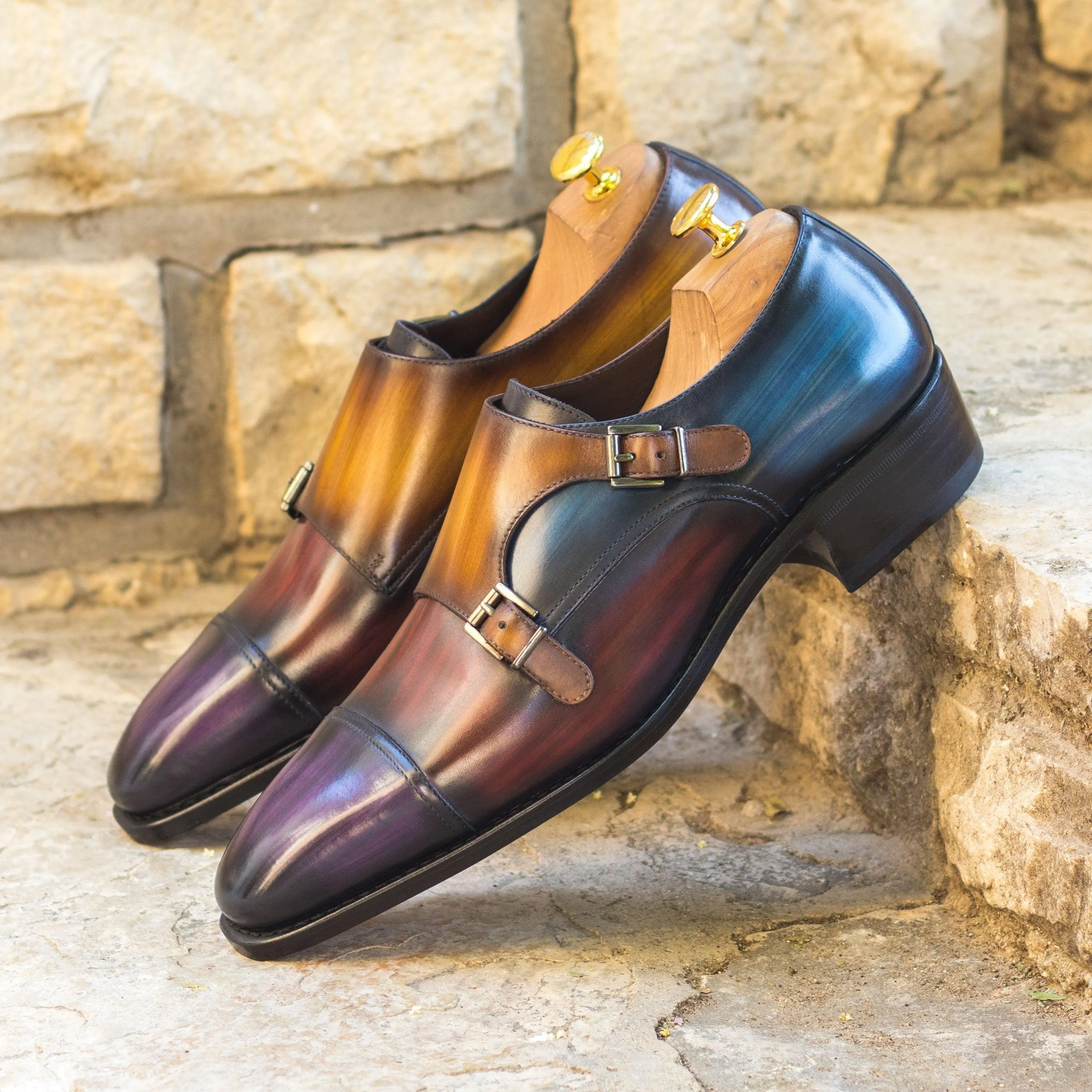 Chic Look Quick Walk Multi-Colored Patina Leather Double-Monk Shoes