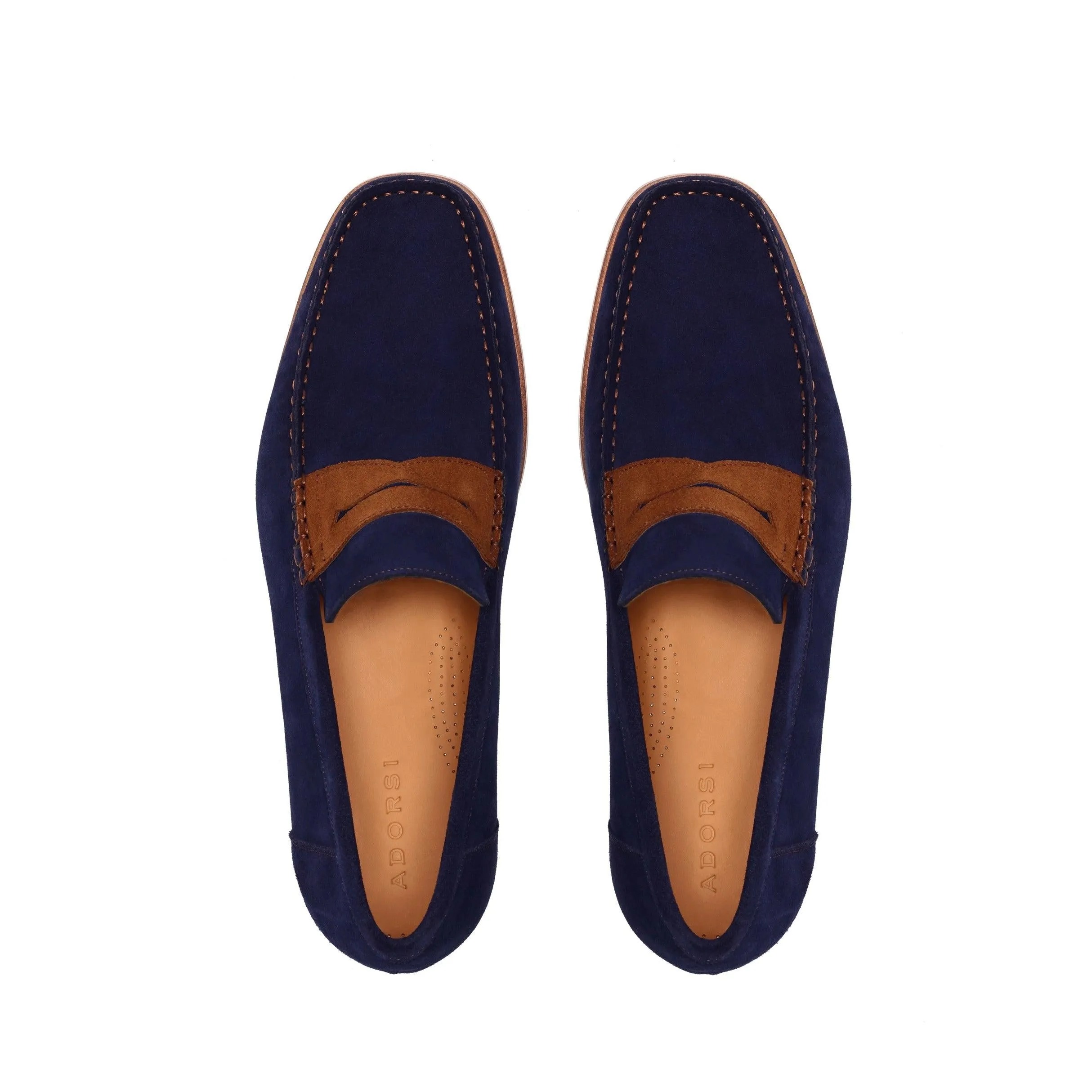 Functional Fit Peace Path Navy & Brown Suede Penny Moccasin Loafer Mobile Comfort