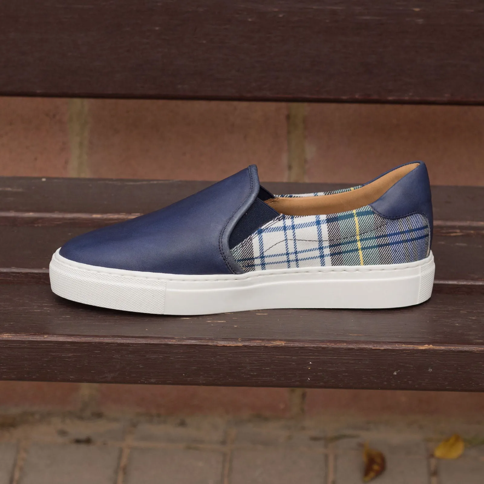 Urban Ride Heat Dissipation Channels Navy Calf & Tartan Fabric Slip-on Sneakers