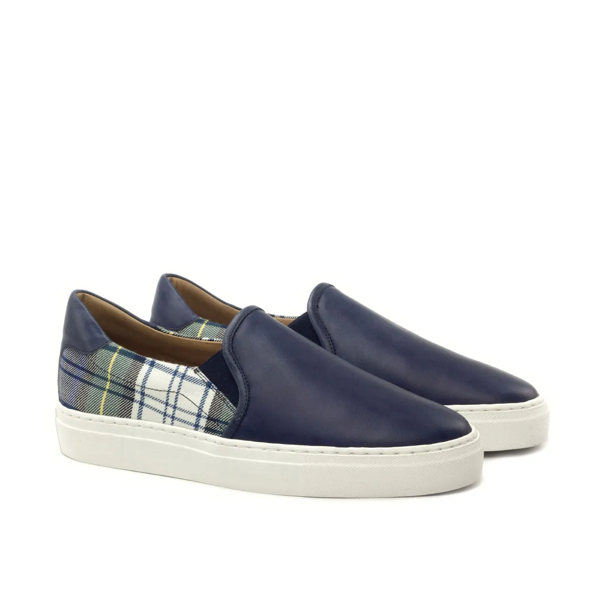 Good elasticity Navy Calf & Tartan Fabric Slip-on Sneakers