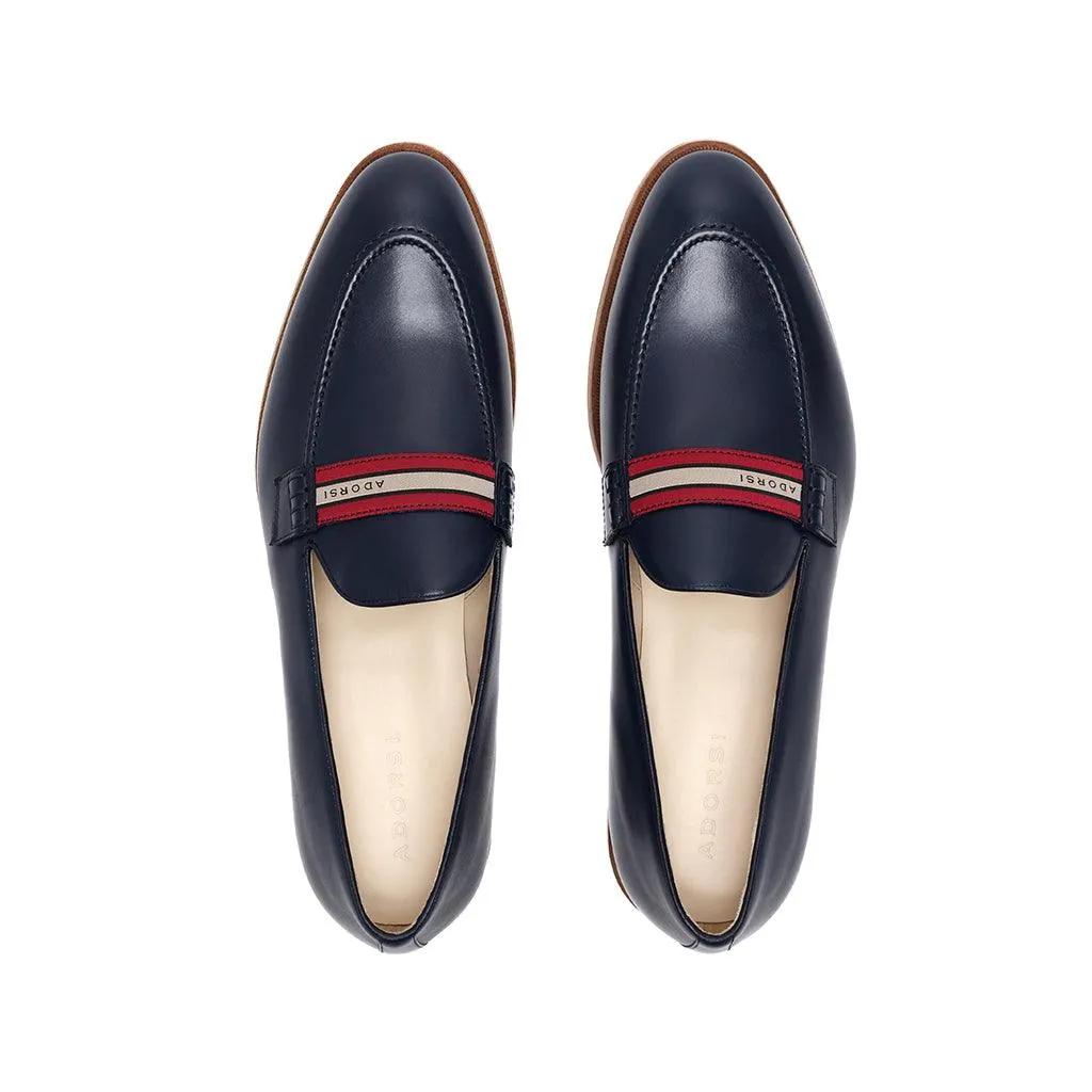 Navy Calf Web Stripe Loafer Cozy Town Comfortable Support