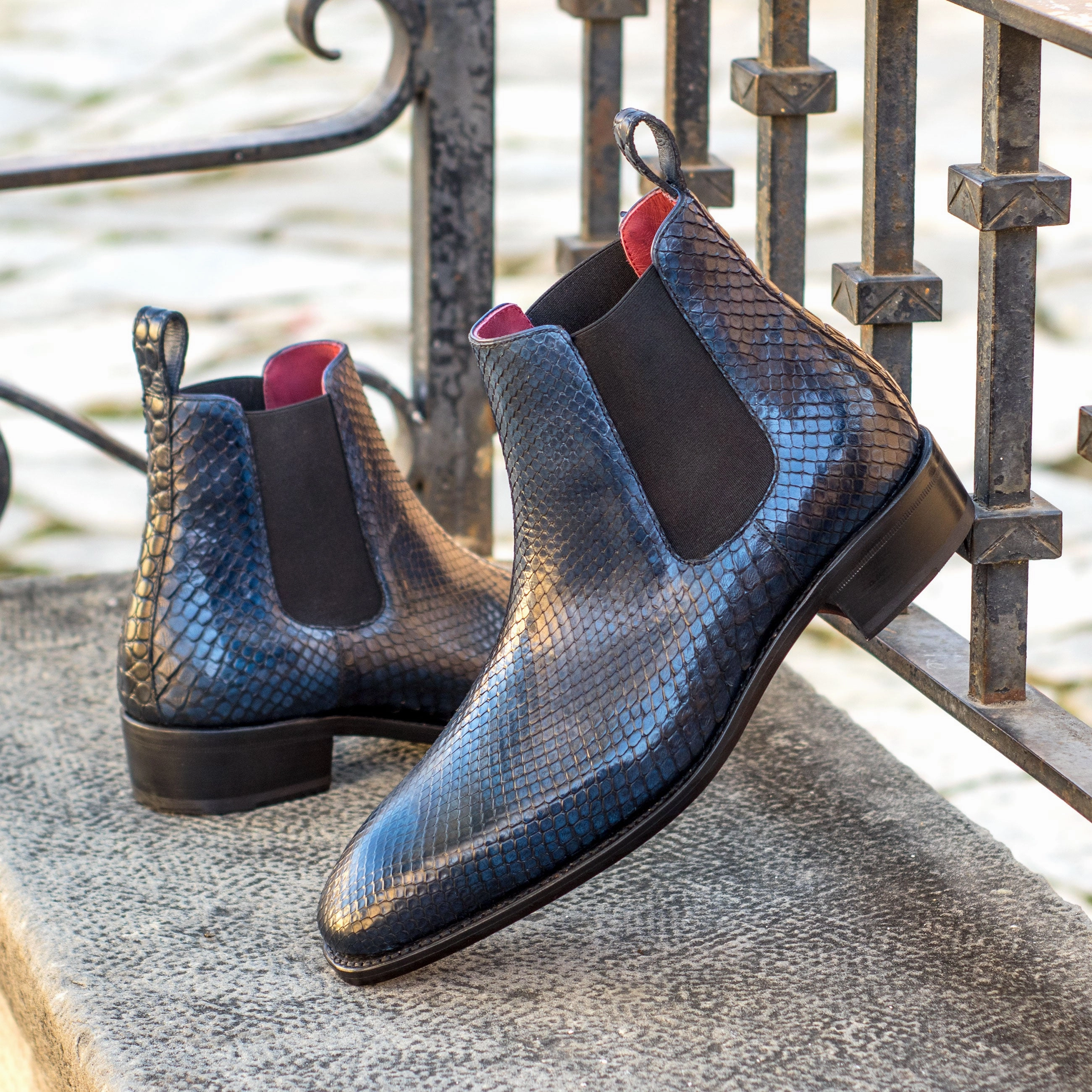 Stretchable Navy Python Chelsea Boots