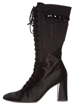 Height Plus Prada Black Satin Lace-up Square Toe Boots SZ 39.5