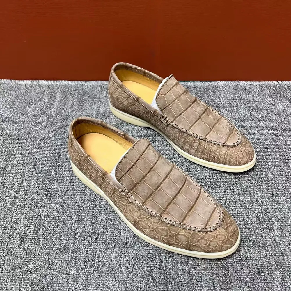 Track Step Nubuck Crocodile Shoes Men's Crocodile Leather Loafers Slip-On Dress Shoes Very Comfortable Beige