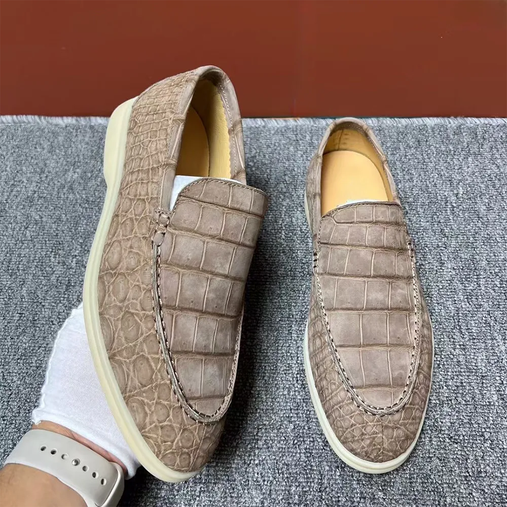 Nubuck Crocodile Shoes Men's Crocodile Leather Loafers Slip-On Dress Shoes Very Comfortable Beige Sun Safe Cushioned Walk