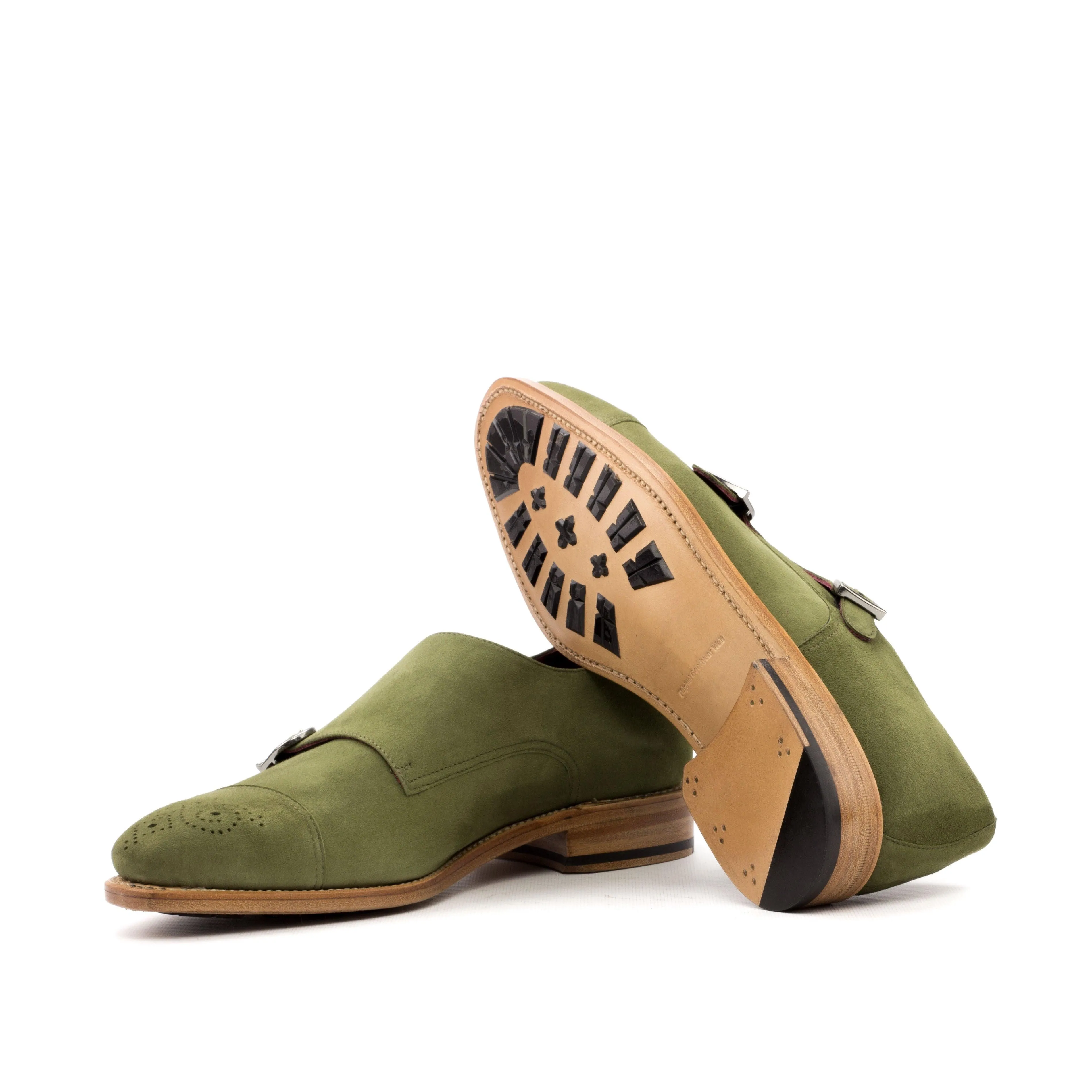 Khaki Green Suede Double Monk Shoes Round Tip