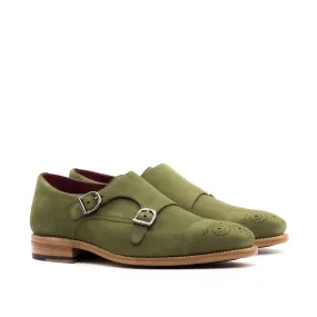 Retro Shade Neutral Fit Khaki Green Suede Double Monk Shoes