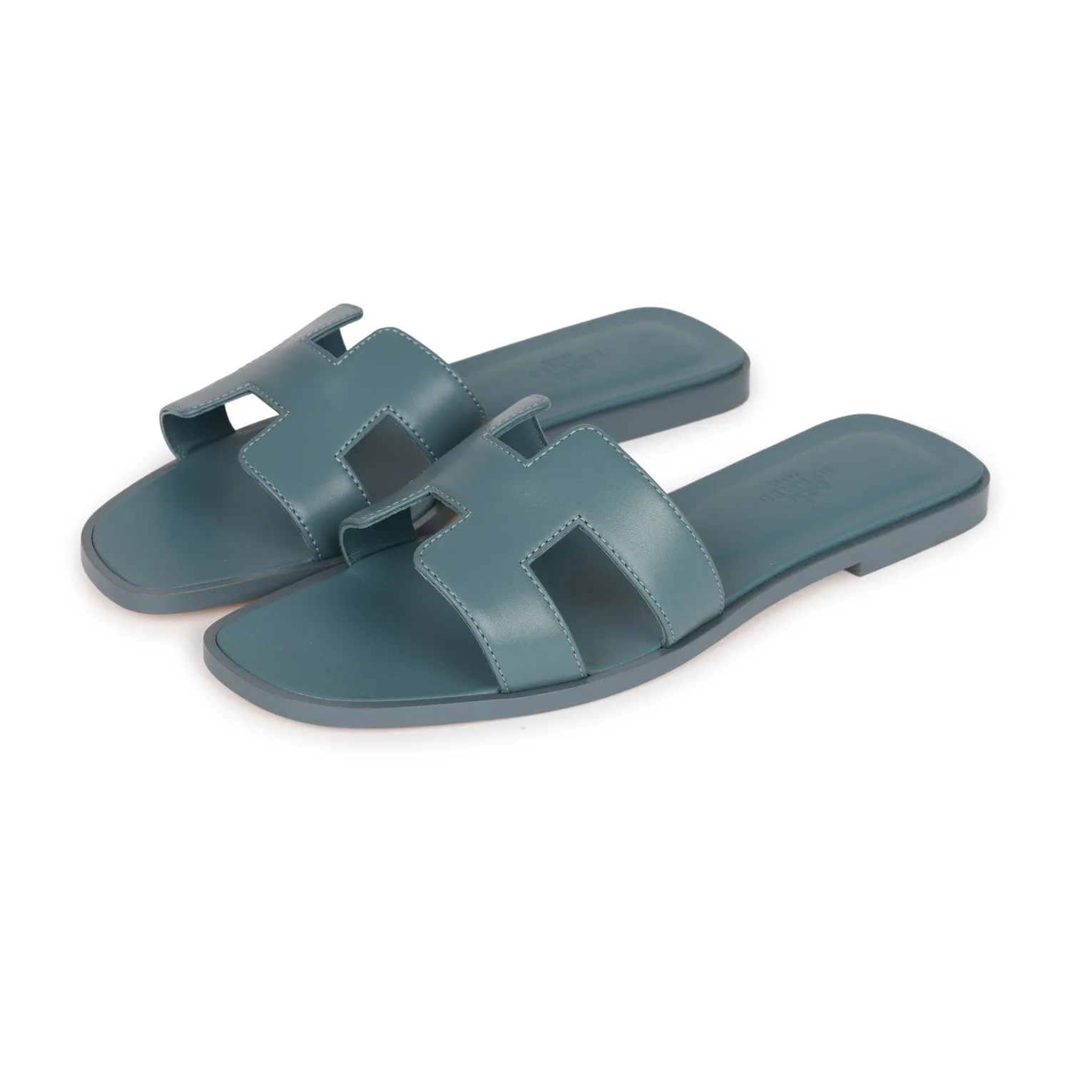 Top quality Hermes Oran Sandals Bleu Pinede Box Calfskin 38 Smooth Soles