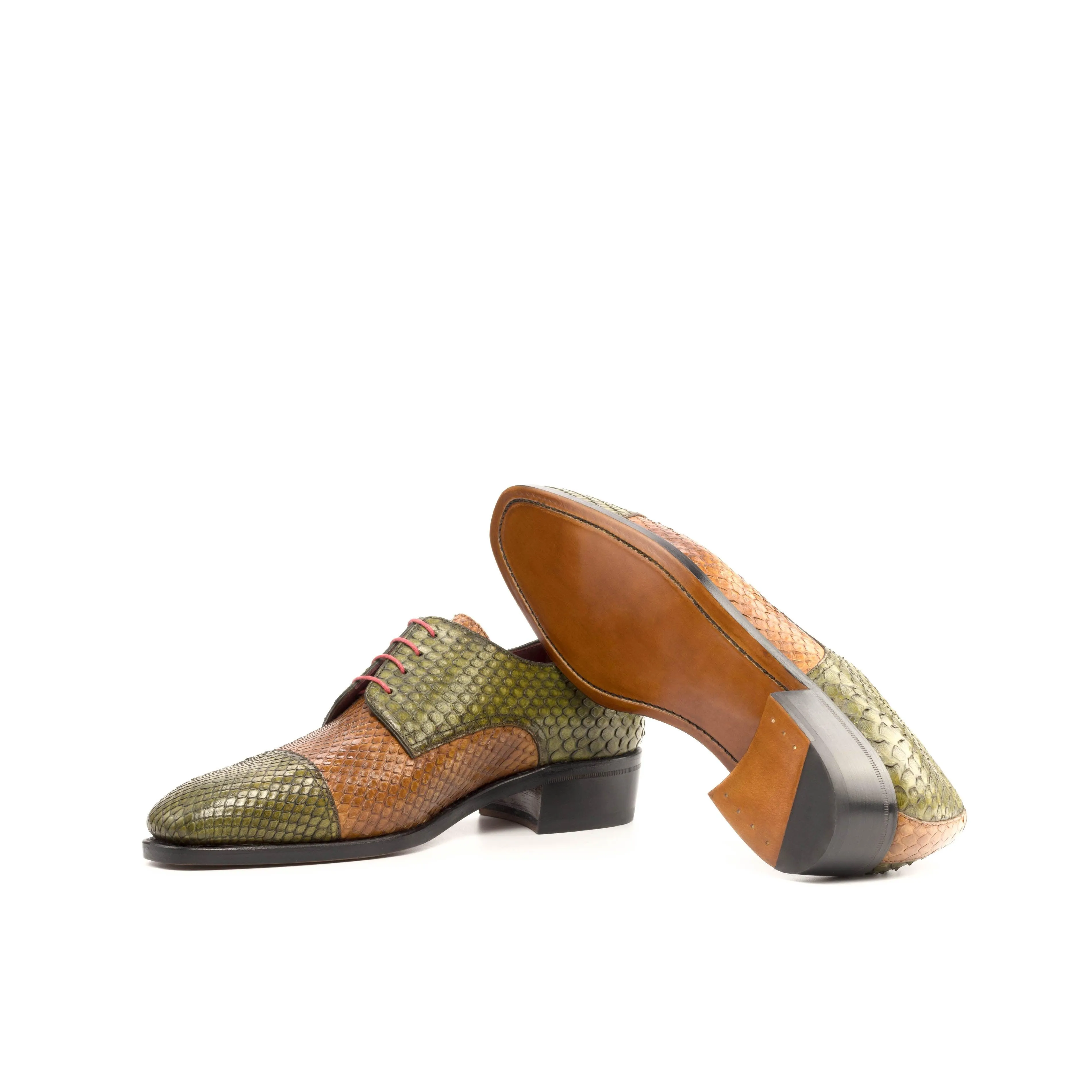 Olive & Cognac Genuine Python Derby Shoes Neutral Accent
