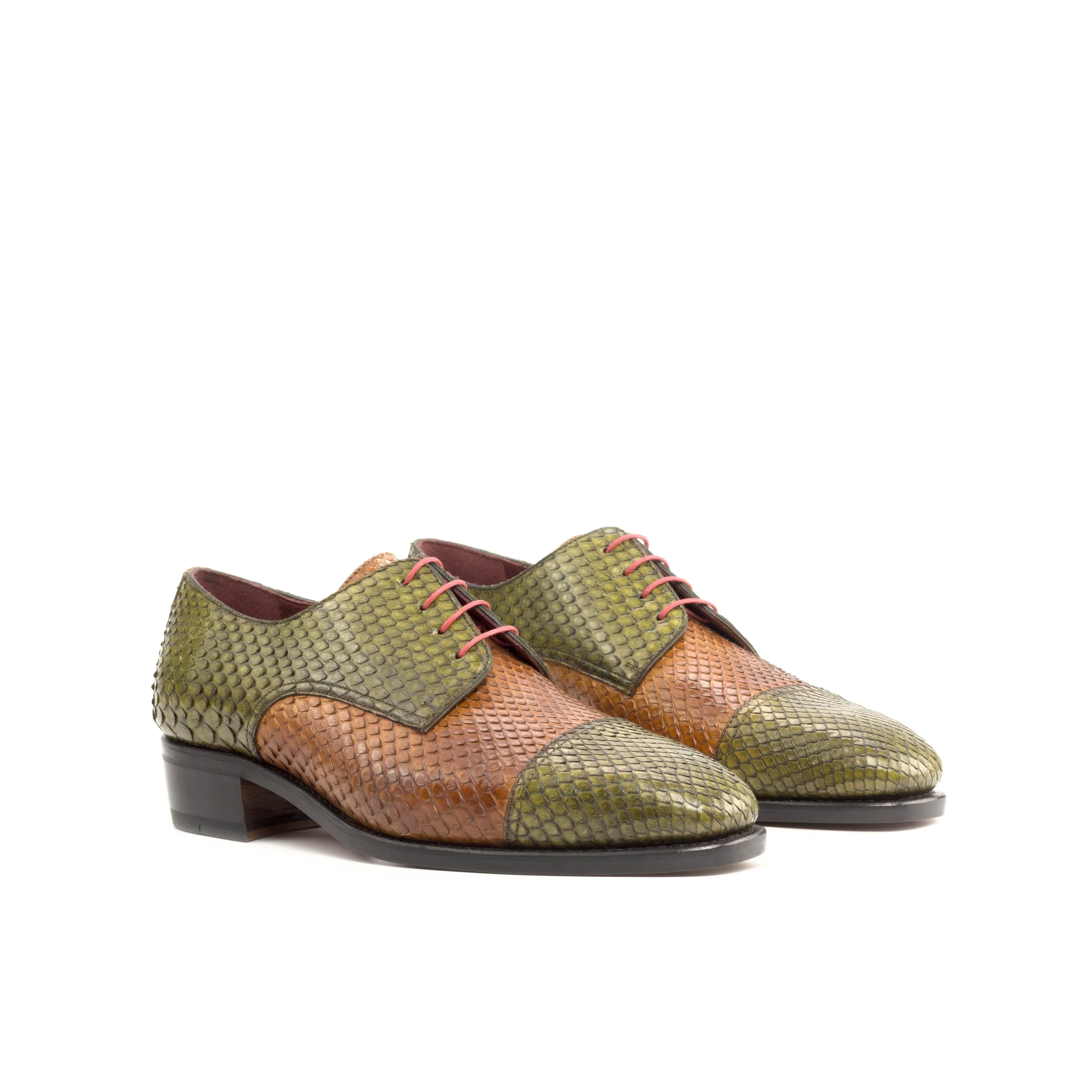 Olive & Cognac Genuine Python Derby Shoes Legacy Edge Square Toe