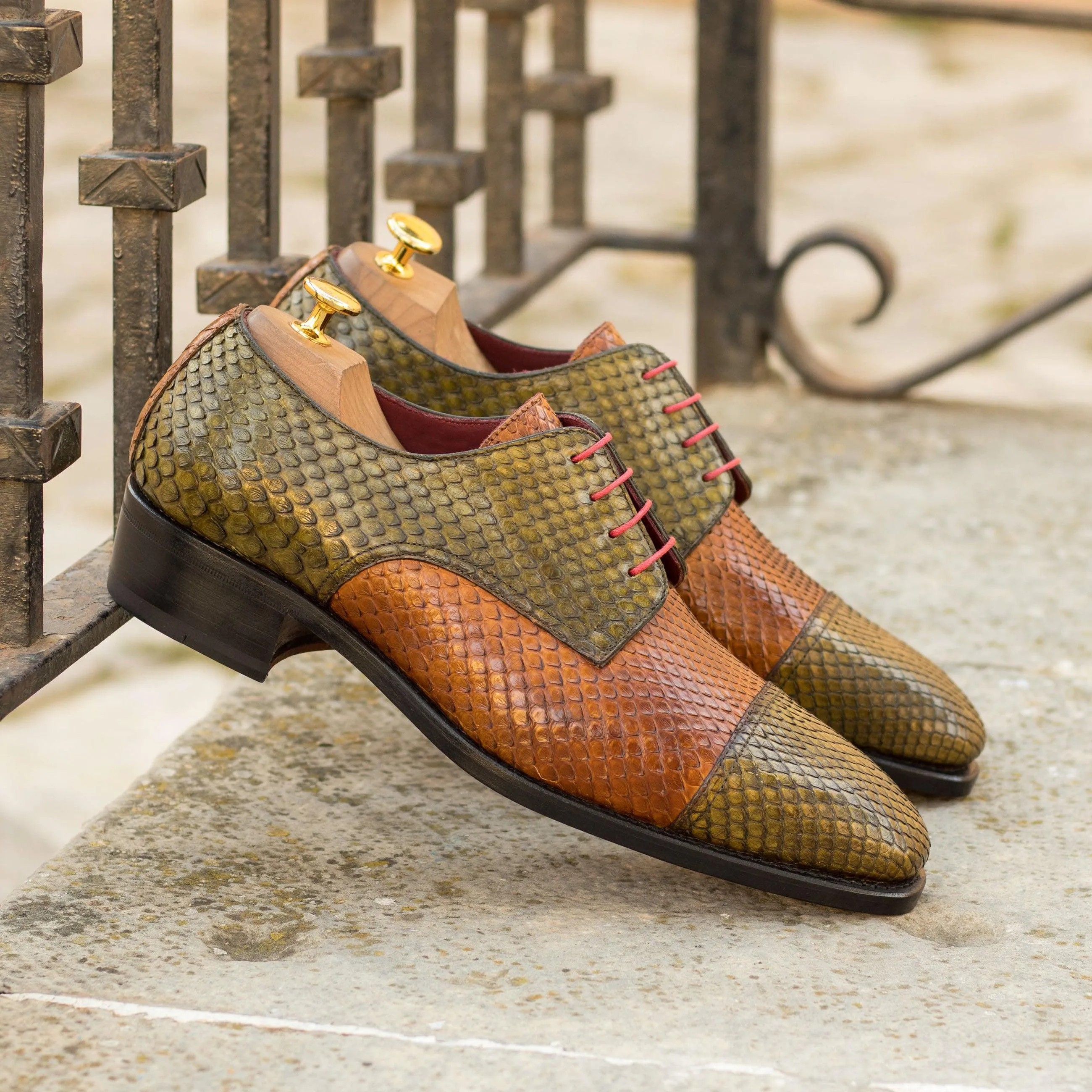 Water Resistant Olive & Cognac Genuine Python Derby Shoes