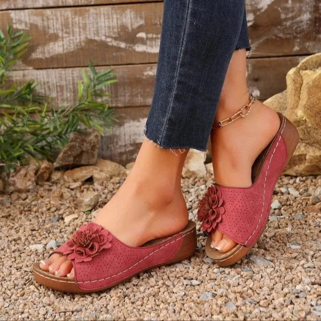 Carla Open-Toe Slip-On Floral Wedge Sandals All-Weather Footwear Vacation Flip-flops