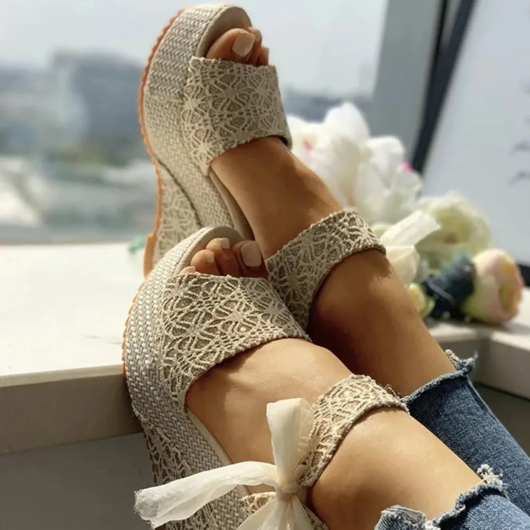 Fashion Mark Issa Lace Bow Wedge Sandals